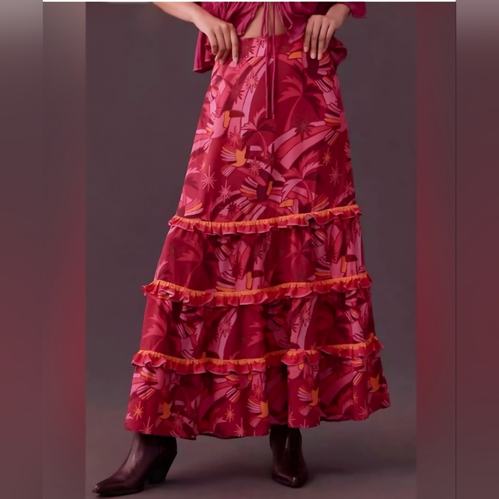 FARM Rio Red and Pink Tropical Print Tiered Maxi Skirt